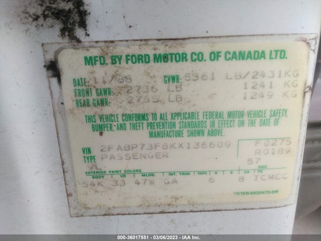1989 FORD CROWN VICTORIA VIN: 2FABP73F8KX136609