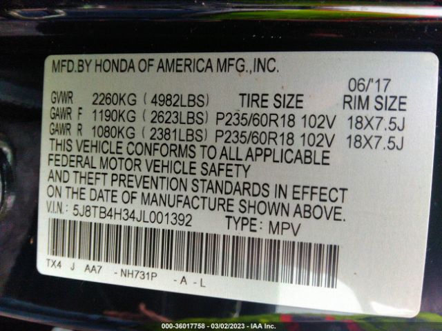 5J8TB4H34JL001392 Acura RDX