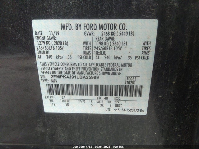 2020 Ford Edge, VIN: 2FMPK4J91LBA25999