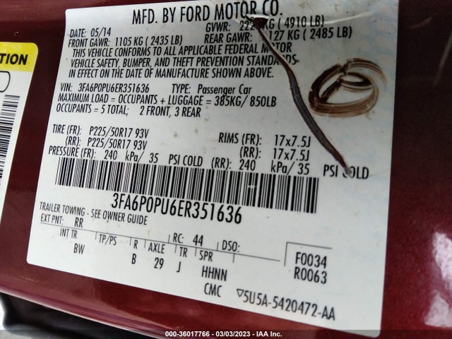 2014 FORD FUSION ENERGI SE LUXURY VIN: 3FA6P0PU6ER351636