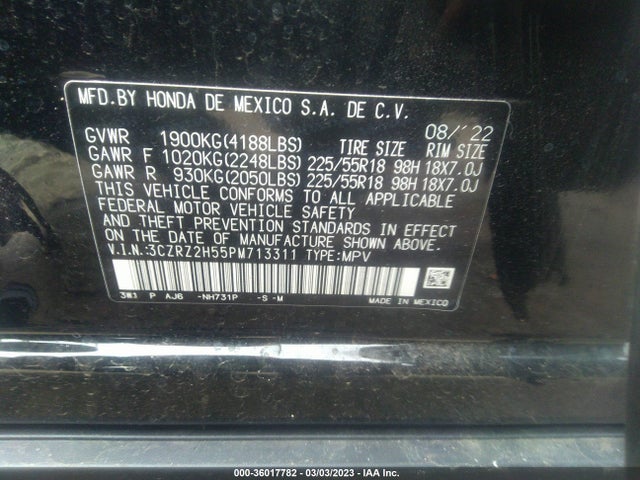 2023 HONDA HR-V SPORT VIN: 3CZRZ2H55PM713311