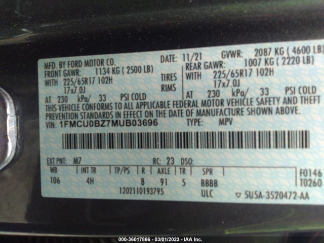 2021 Ford Escape, VIN: 1FMCU0BZ7MUB03696