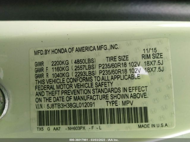 5J8TB3H38GL012091 Acura RDX