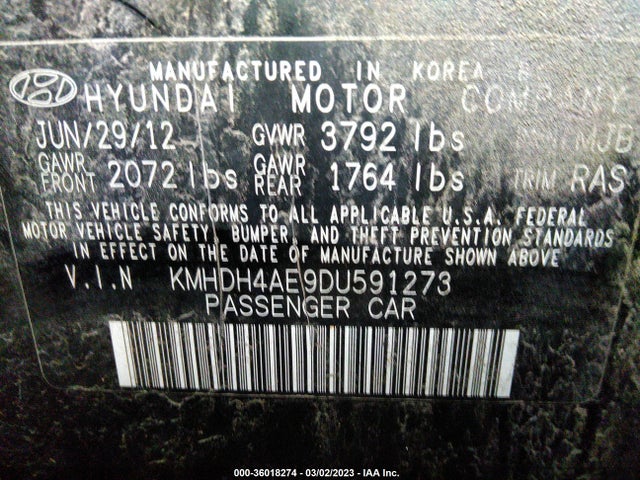 2013 HYUNDAI ELANTRA GLS PZEV VIN: KMHDH4AE9DU591273