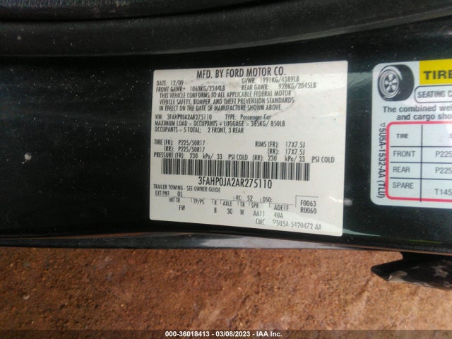 2010 FORD FUSION SEL VIN: 3FAHP0JA2AR275110