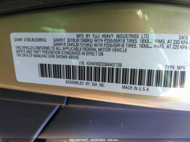 4S4WX92D584407709 Subaru Tribeca 5-pass Ltd