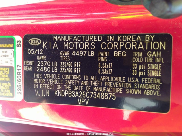 2012 KIA SPORTAGE LX VIN: KNDPB3A26C7348875