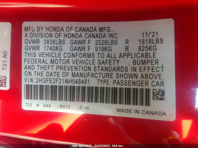 2022 HONDA CIVIC SEDAN LX VIN: 2HGFE2F21NH548481