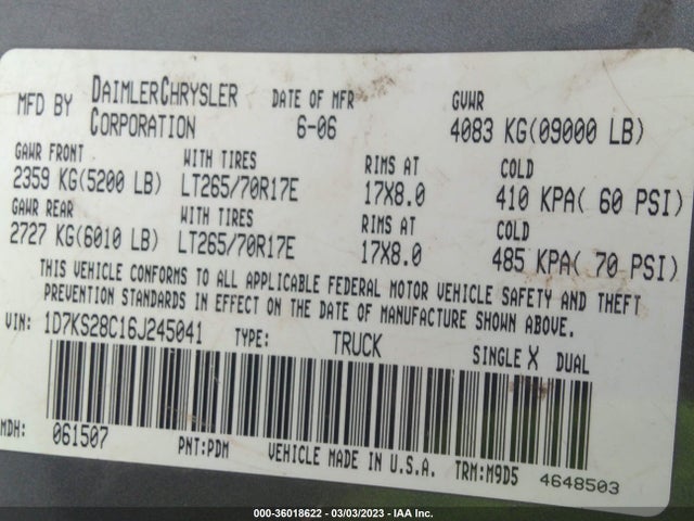 Dodge Ram 2500 Slt 2006 1D7KS28C16J245041 Image 10