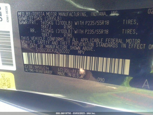 2018 TOYOTA SIENNA XLE VIN: 5TDDZ3DC4JS193202