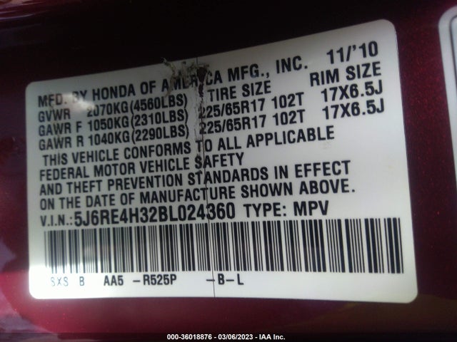 Honda CR-V LX 2011 5J6RE4H32BL024360 Image 9