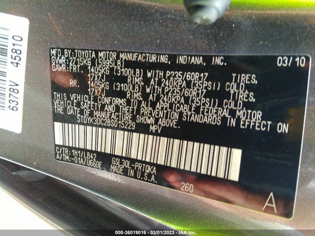 2011 TOYOTA SIENNA XLE AAS/XLE/LTD VIN: 5TDYK3DC2BS015229