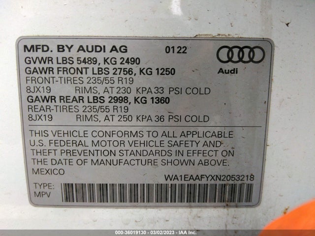WA1EAAFYXN2053218 Audi Q5 S Line Premium Plus