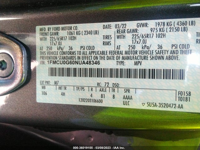 2022 Ford Escape, VIN: 1FMCU0G60NUA48346