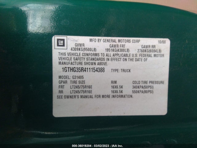 GMC SAVANA CARGO VAN 2001 1GTHG35R411154388 Image 10