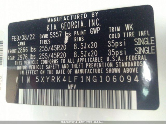 5XYRK4LF1NG106094 KIA SORENTO SX