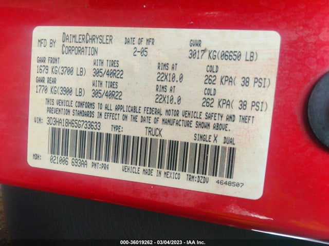Dodge RAM SRT-10 2005 3D3HA18H65G733633 Image 10