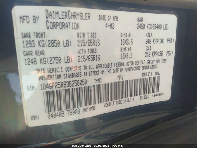 2003 DODGE CARAVAN SE VIN: 1D4GP25R83B258050