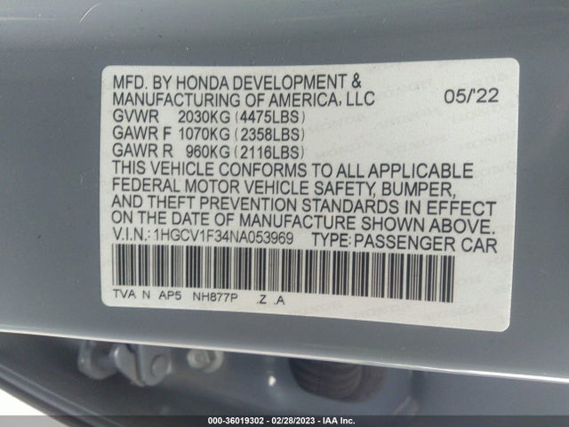 2022 HONDA ACCORD SEDAN SPORT VIN: 1HGCV1F34NA053969