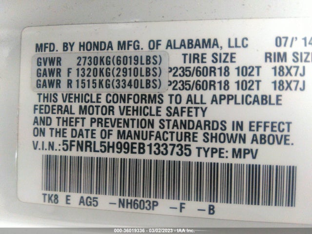 Honda Odyssey Touring 2014 5FNRL5H99EB133735 Image 9