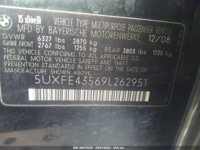 2009 BMW X5 30I VIN: 5UXFE43569L262951