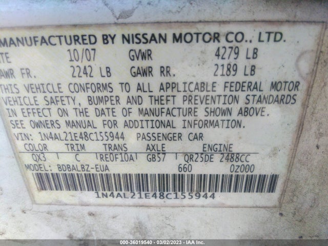 Nissan Altima 2.5 S 2008 1N4AL21E48C155944 Image 10