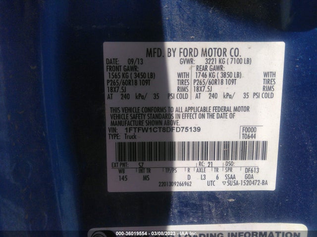 2013 FORD F-150 XL/XLT/FX2/LARIAT VIN: 1FTFW1CT8DFD75139