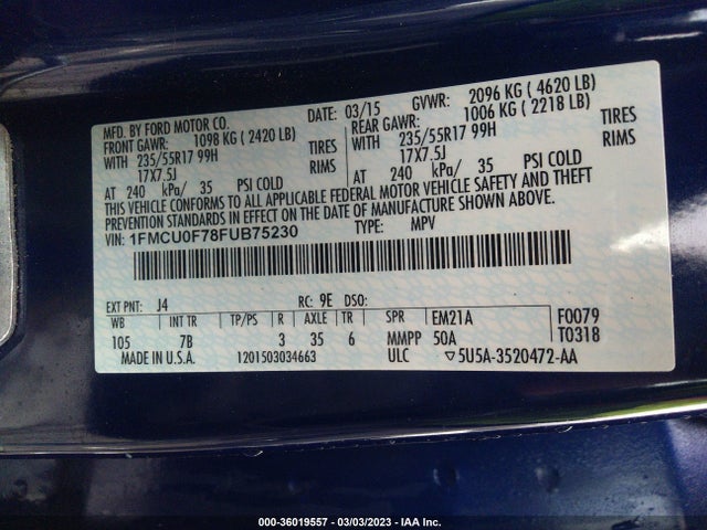 2015 FORD ESCAPE S VIN: 1FMCU0F78FUB75230