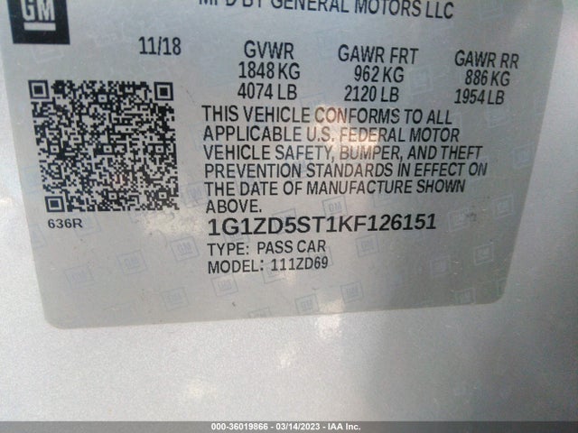 2019 CHEVROLET MALIBU LT VIN: 1G1ZD5ST1KF126151