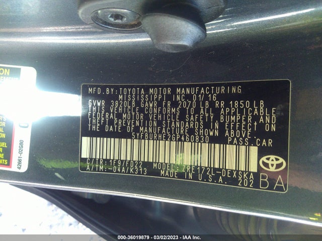 2016 TOYOTA COROLLA L/LE/S/S PLUS/LE PLUS VIN: 5YFBURHE2GP460830