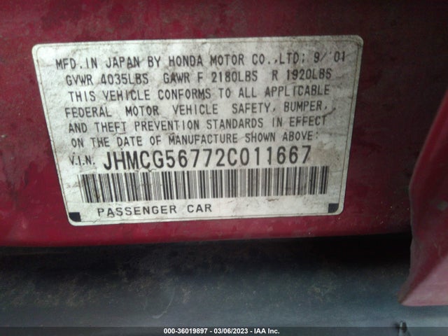 2002 HONDA ACCORD SDN SE VIN: JHMCG56772C011667