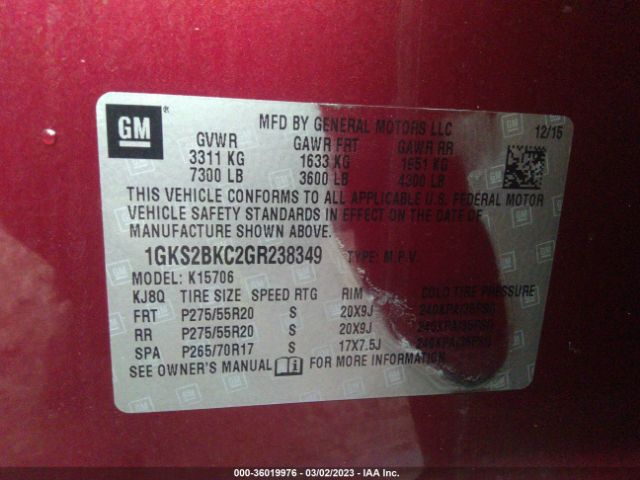 1GKS2BKC2GR238349 GMC YUKON SLT