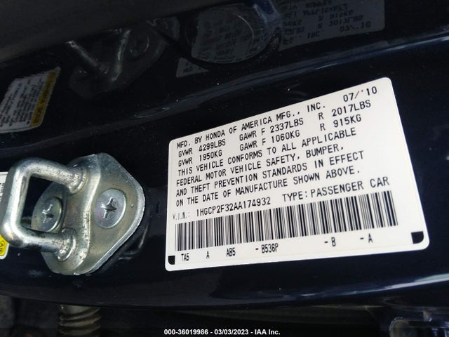 2010 HONDA ACCORD SDN LX VIN: 1HGCP2F32AA174932