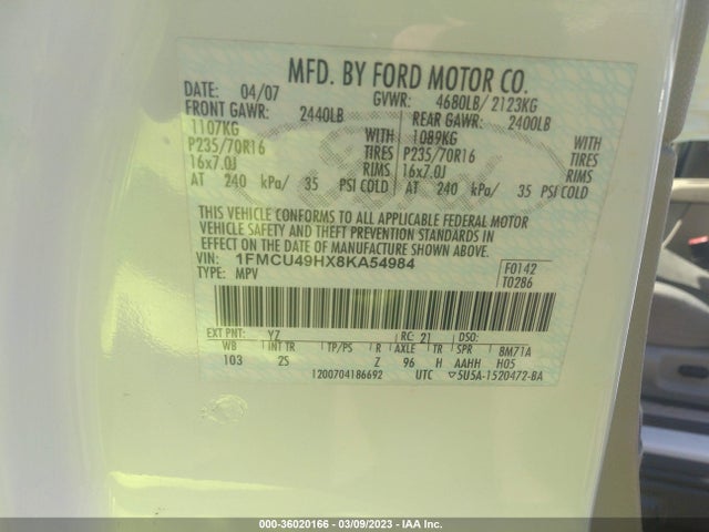 2008 FORD ESCAPE HYBRID VIN: 1FMCU49HX8KA54984