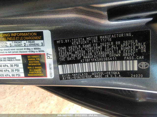 2017 TOYOTA CAMRY XLE/SE/LE/XSE VIN: 4T1BF1FK5HU365411