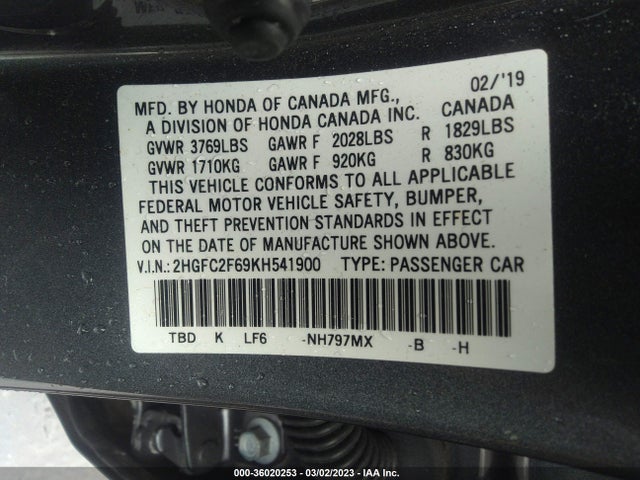2019 HONDA CIVIC SEDAN LX VIN: 2HGFC2F69KH541900