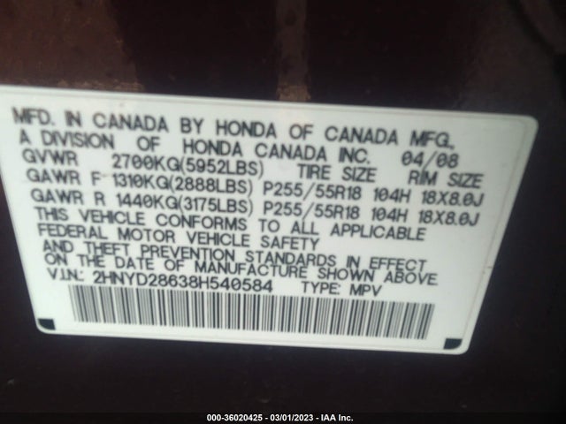 2HNYD28638H540584 Acura Mdx Tech/pwr Tail Gate