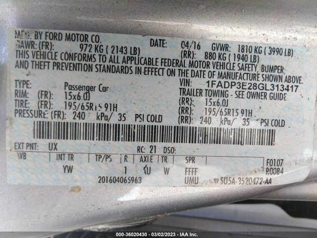 2016 FORD FOCUS S VIN: 1FADP3E28GL313417