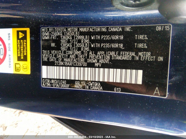 2015 LEXUS RX 350 VIN: 2T2BK1BAXFC339700