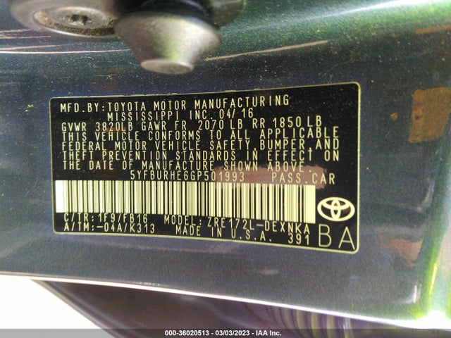2016 TOYOTA COROLLA L/LE/S/S PLUS/LE PLUS VIN: 5YFBURHE6GP501993