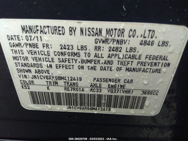 2011 Infiniti G37 Sedan X მანქანა იყიდება აუქციონზე, vin: JN1CV6AR6BM412419, აუქციონის ნომერი: 36020709