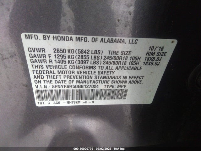 Honda Pilot Ex-l 2016 5FNYF6H50GB127024 Image 9