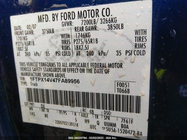 2007 FORD F-150 XLT/FX4/LARIAT/XL VIN: 1FTPX14V47FA89956