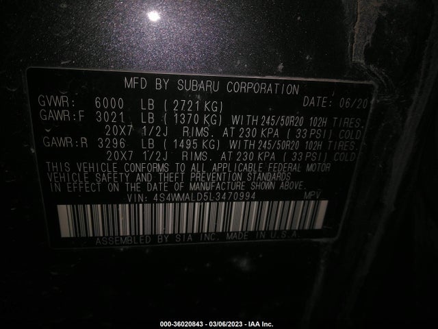 2020 Subaru Ascent, VIN: 4S4WMALD5L3470994