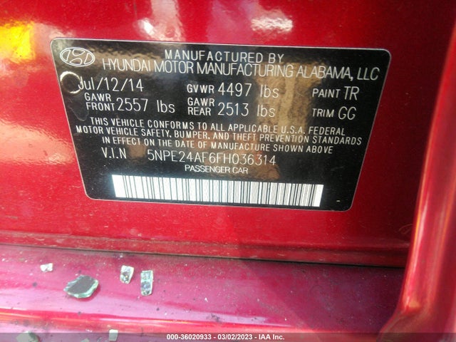 2015 HYUNDAI SONATA 2.4L SE VIN: 5NPE24AF6FH036314