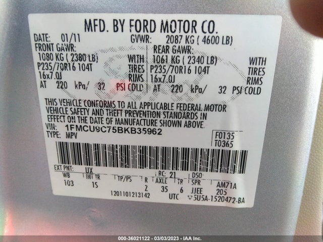 2011 FORD ESCAPE XLS VIN: 1FMCU9C75BKB35962