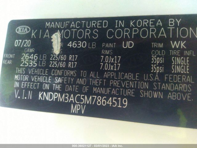KNDPM3AC5M7864519 KIA Sportage Lx