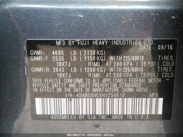 Subaru Outback Limited 2017 4S4BSANCXH3254610 Image 10