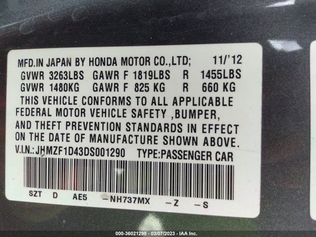 Honda CR-Z 2013 JHMZF1D43DS001290 Image 9