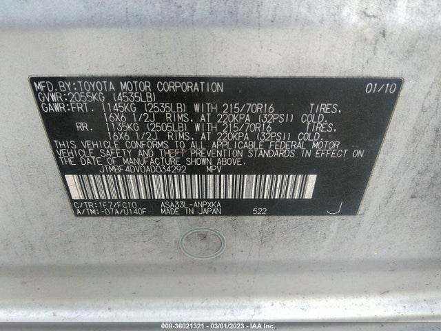 2010 TOYOTA RAV4 VIN: JTMBF4DV0AD034292